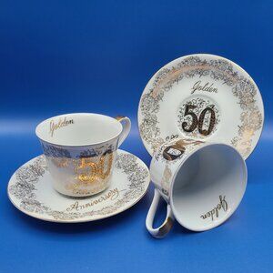 Pair Vintage Norcrest 50th Golden Anniversary Cups Saucers Gilded C-871 Japan